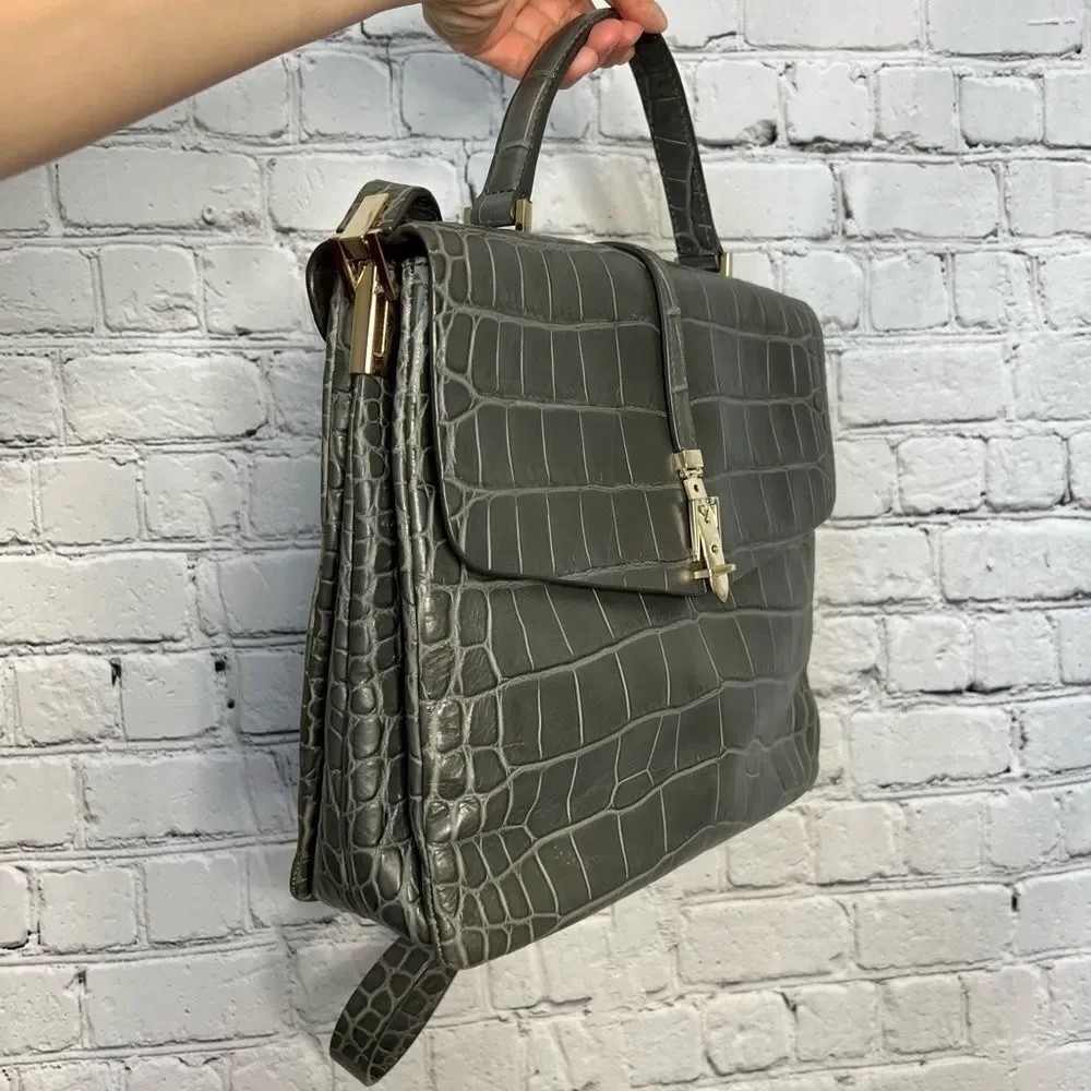 Kate Spade Gray Croc Embossed Leather Satchel Bag Quiet Luxury Chic Capsule